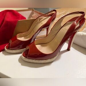 Christian Louboutin Red Patent Yoyo Sling Zeppa Peep-Toe Slingback Heels sz. 37